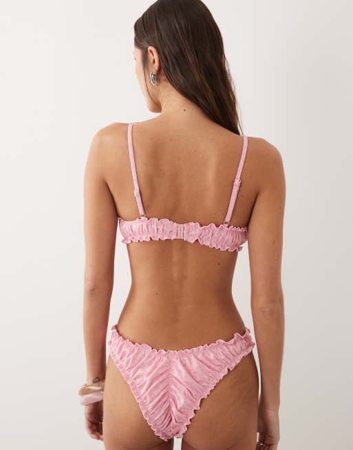 Miss Selfridge - Haut en bikini froncé en maille pointelle à volants - Rose, 4 de 4