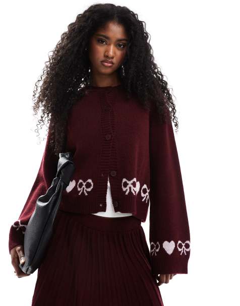 Miss Selfridge heart bow cardigan co ord in burgundy
