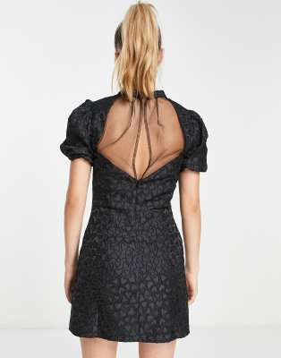 Miss Selfridge heart burnout mesh insert mini dress in black