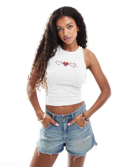 Miss Selfridge heart crosstitch shrunken racer top in white