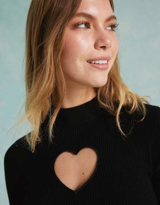 Miss Selfridge heart cut out knit rib mini dress in black , 3 of 5