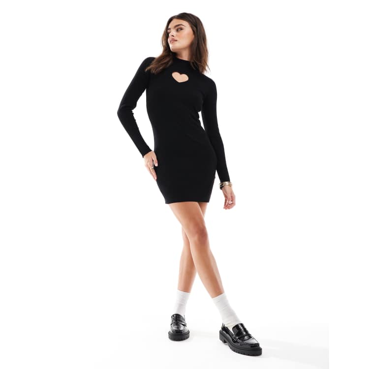 Miss Selfridge heart cut out knit ribbed mini dress in black | ASOS