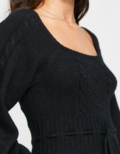 Miss Selfridge heart detail puff sleeve knit dress in black