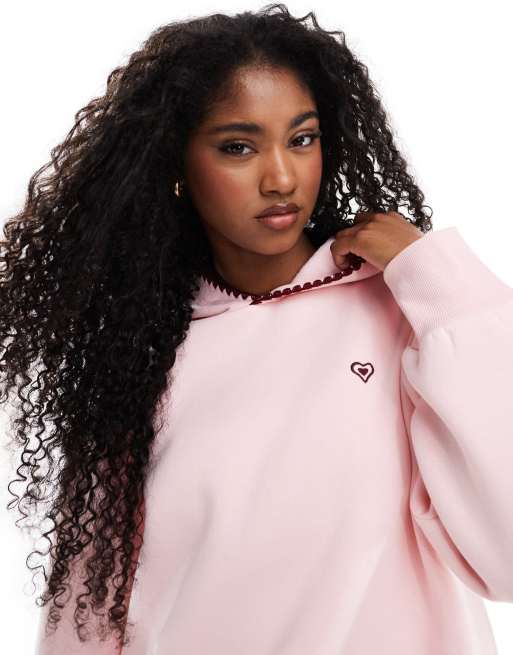 Miss Selfridge heart embroidered blanket stitch oversized hoodie in light pink, 2 of 4