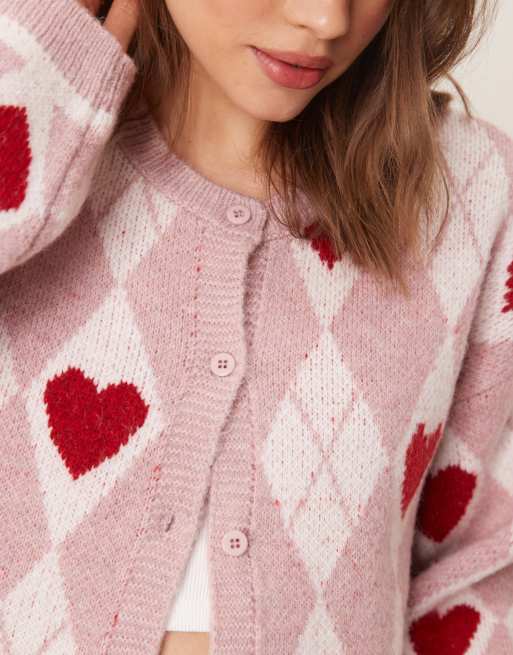 Miss Selfridge heart jacquard knit cardigan in pink and red