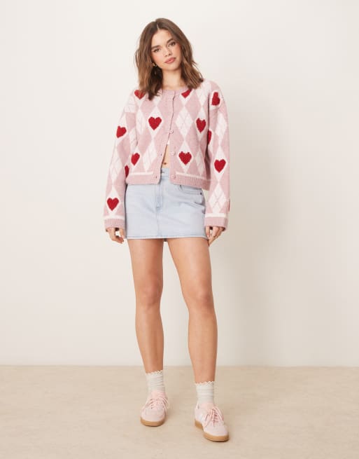 Miss Selfridge heart jacquard knit cardigan in pink and red