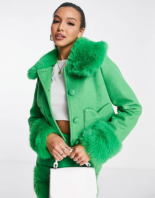 Miss Selfridge heart pocket faux fur trim crop jacket  co-ord in green