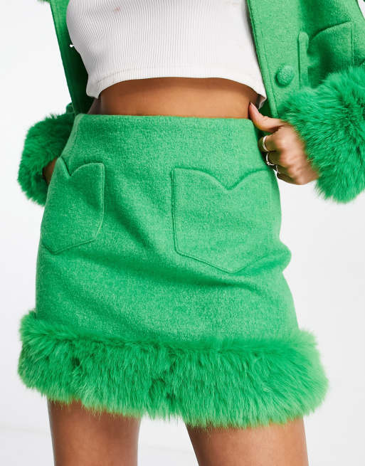 Miss Selfridge heart pocket faux fur trim mini skirt in green (part of a set)