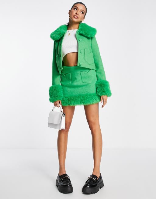 Miss Selfridge heart pocket faux fur trim mini skirt in green