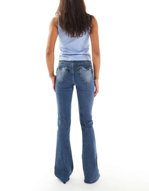 Miss Selfridge heart pocket flare jean in indigo wash