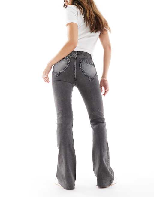 Miss Selfridge heart pocket flare jeans in black wash