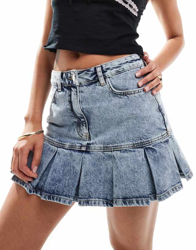 Miss Selfridge - heart pocket kilt denim skirt in acid blue wash