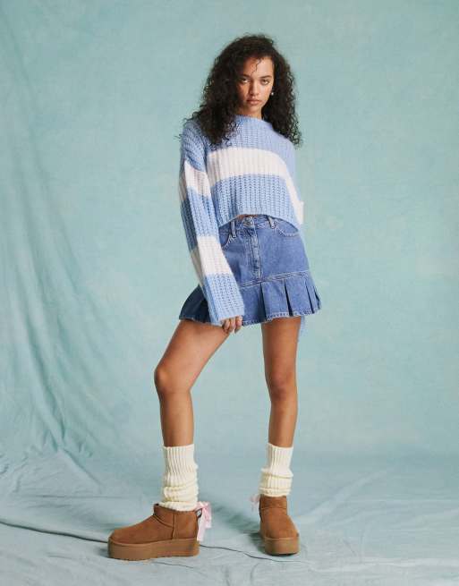 Miss Selfridge heart pocket kilt denim skirt in mid blue
