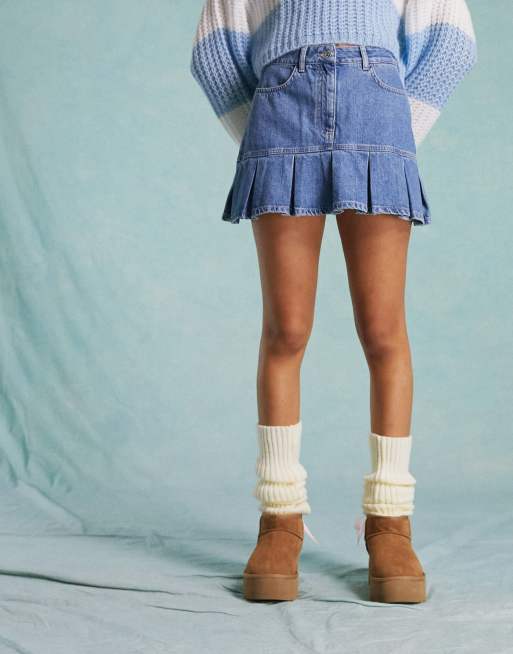 Miss Selfridge heart pocket kilt denim skirt in mid blue