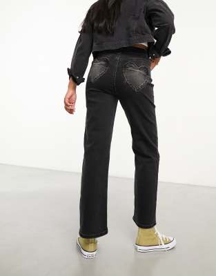 Miss Selfridge Heart Pocket Straight Leg Jean In Black Wash