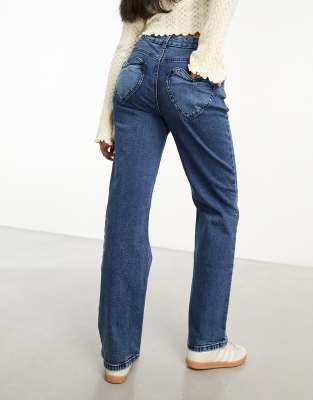 Miss Selfridge heart pocket straight leg jean in indigo blue wash