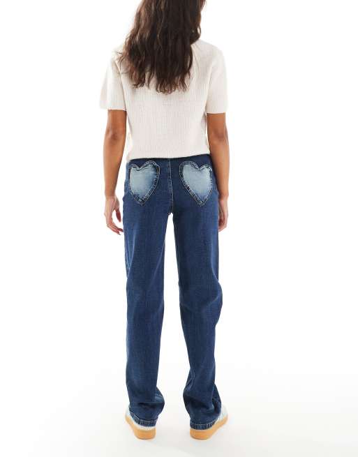 Miss Selfridge heart pocket straight leg jean in indigo wash