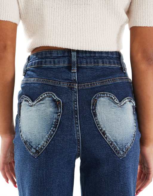 Miss Selfridge heart pocket straight leg jean in indigo wash