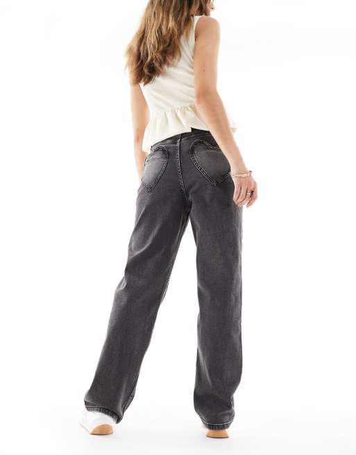Miss Selfridge heart pocket straight leg jeans in black