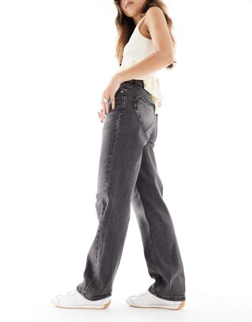 Miss Selfridge heart pocket straight leg jeans in black