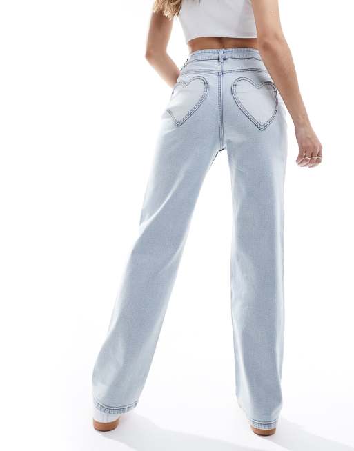 Miss Selfridge heart pocket straight leg jeans in bleach wash