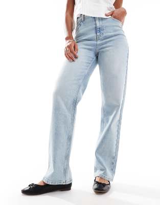 heart pocket straight leg jeans in bleach wash-Blue