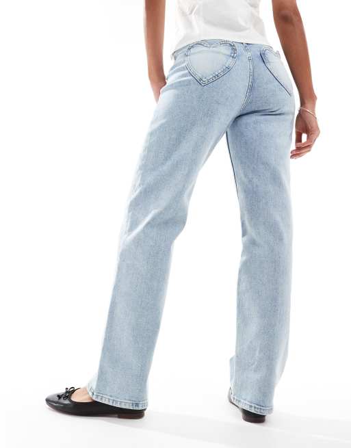 Miss Selfridge heart pocket straight leg jeans in bleach wash