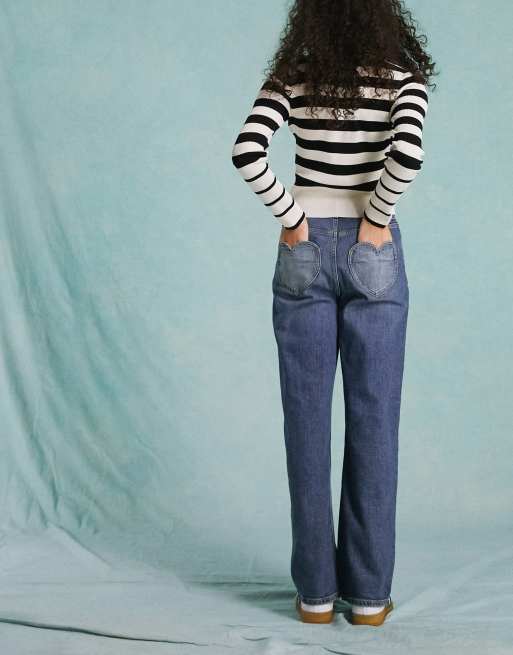 Miss Selfridge heart pocket straight leg jeans in dark wash blue