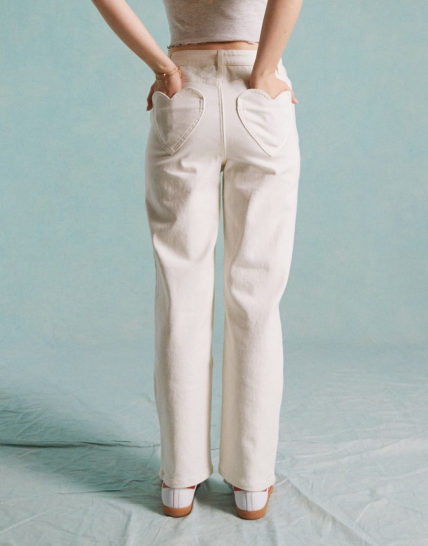 Miss Selfridge Heart Pocket Straight Leg Jeans In Ecru-white