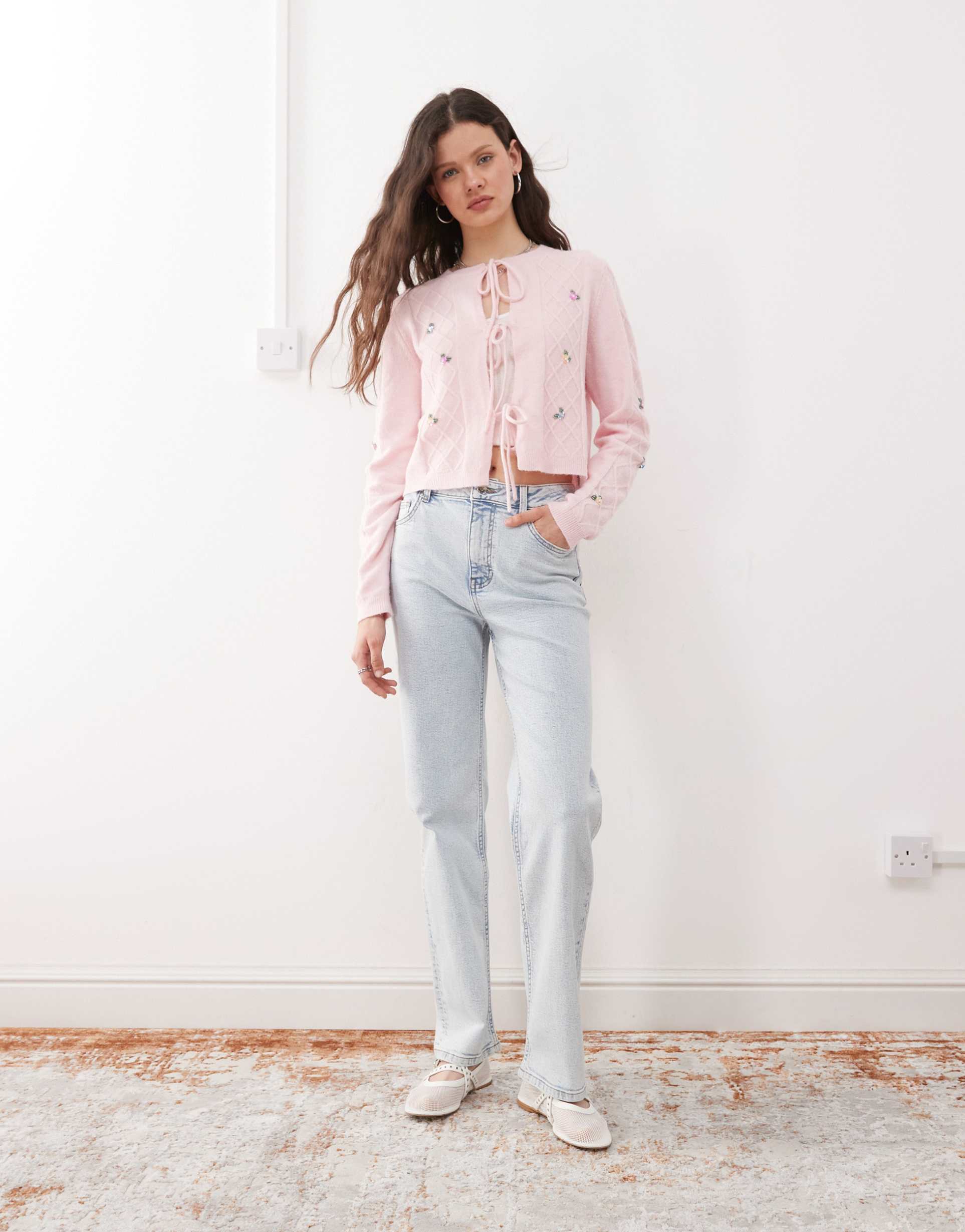 miss selfridge heart pocket straight leg jeans in ice bleach wash