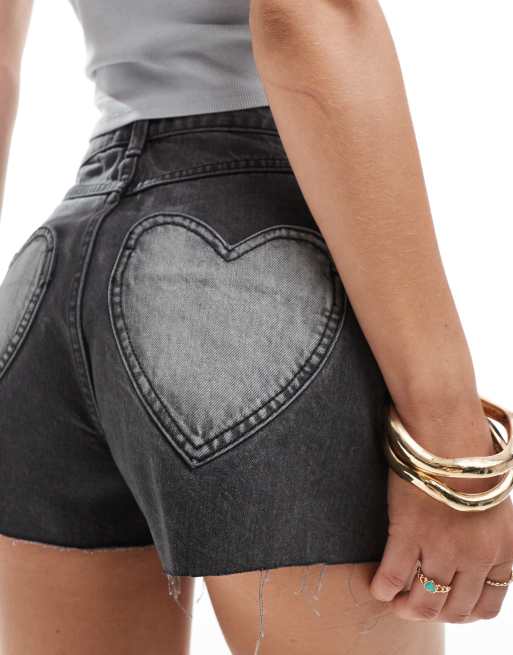Miss Selfridge heart pockets denim shorts in black wash, 3 of 5