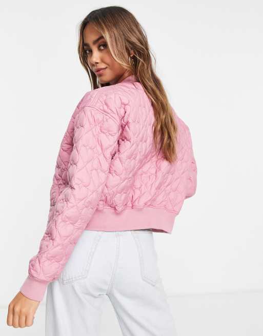 Women's Heart Eyes Quilted Bomber Jacket in Pink Size XL by Fashion Nova