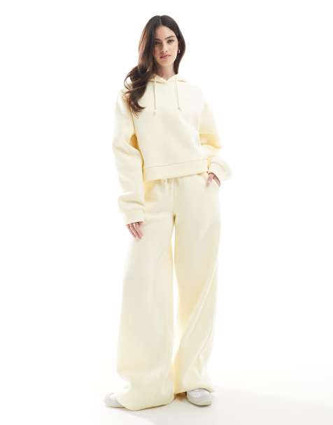 Miss Selfridge heavy fleece lined wide leg jogger 3 piece sweat co ord in butter - view 1