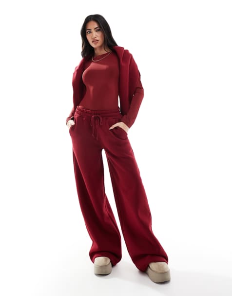 Miss Selfridge heavy fleece lined wide leg sweatpants in burgundy - part of a set - view 1