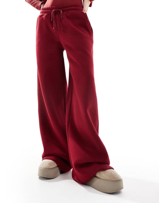 Miss Selfridge heavy fleece lined wide leg sweatpants in burgundy