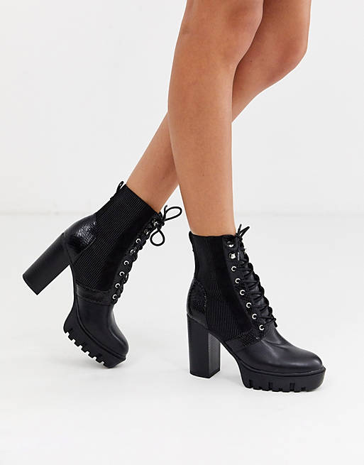 Miss Selfridge heeled hiker boots with lace up in black | ASOS