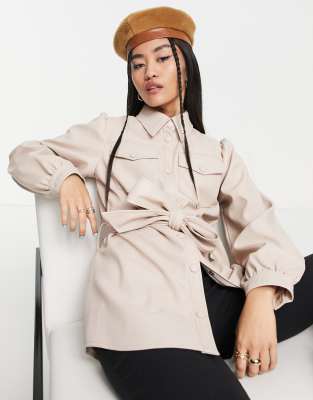 Miss Selfridge faux leather belted shirt in neutral - ASOS Price Checker