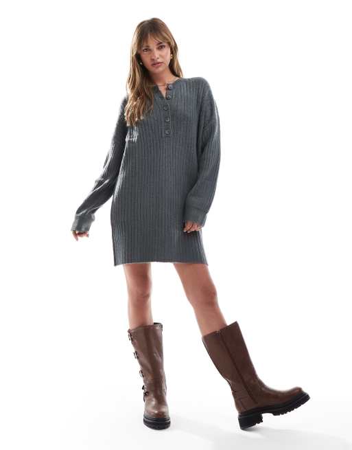 Miss Selfridge henley button detail knit mini dress in charcoal grey, 2 of 4