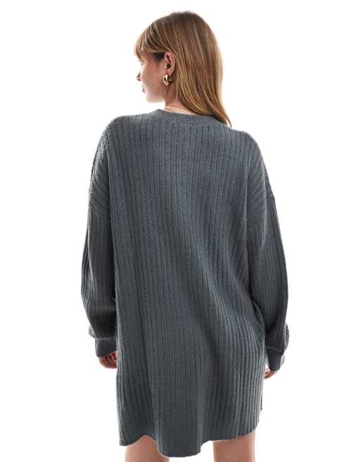 Miss Selfridge henley button detail knit mini dress in charcoal grey, 3 of 4