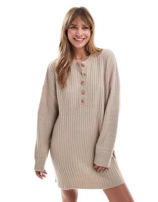 henley button detail knit mini dress in oatmeal-Neutral