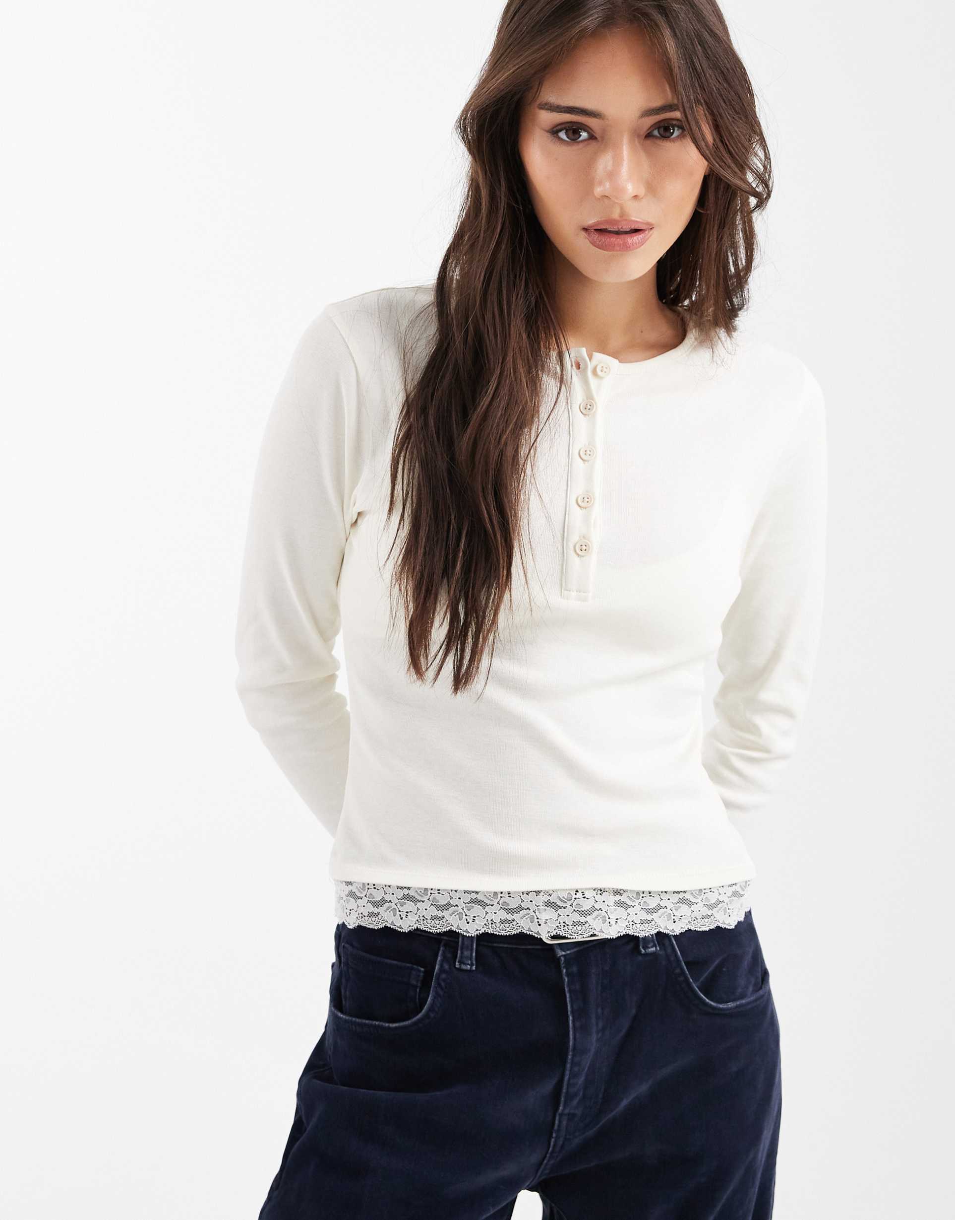 miss selfridge henley long sleeve top with lace trim in cream