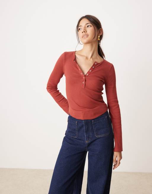 Miss Selfridge henley long sleeve top with snaps in deep red