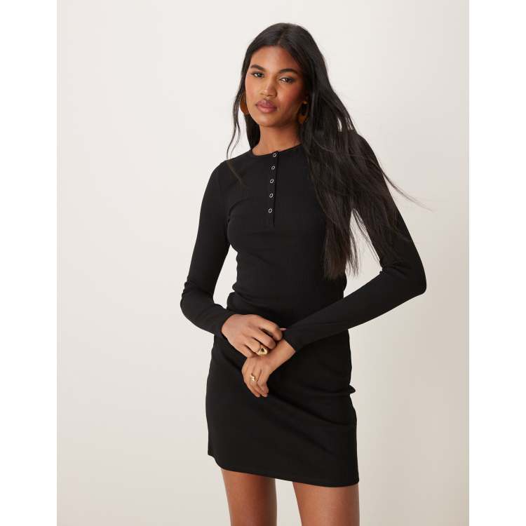 open lace back dress Ribbed Modal Long-Sleeve Draped Mini Dress in Black - S main image 1