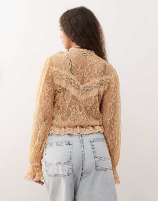 Miss Selfridge - Heritage blouse met kanten afwerking en knoopsluiting in crème, 4 van 4