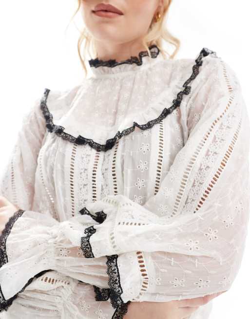 Miss Selfridge - Heritage - Blusa in chiffon ricamato con bordi neri, 4 di 4