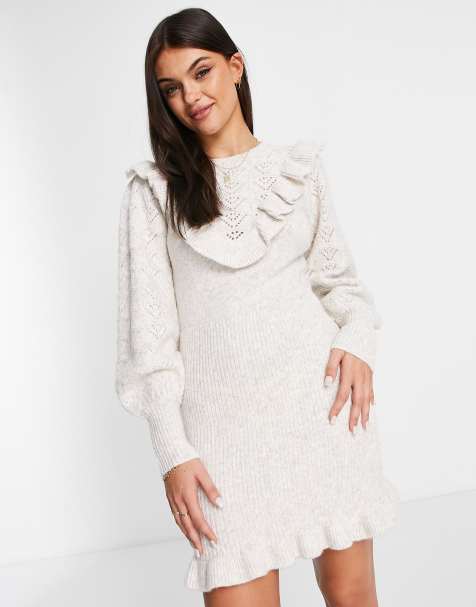 Miss Selfridge heritage pointelle ruffle dress in oatmeal 