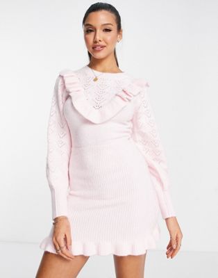 Miss Selfridge Heritage Pointelle Ruffle Dress In Oatmeal-neutral In Pink