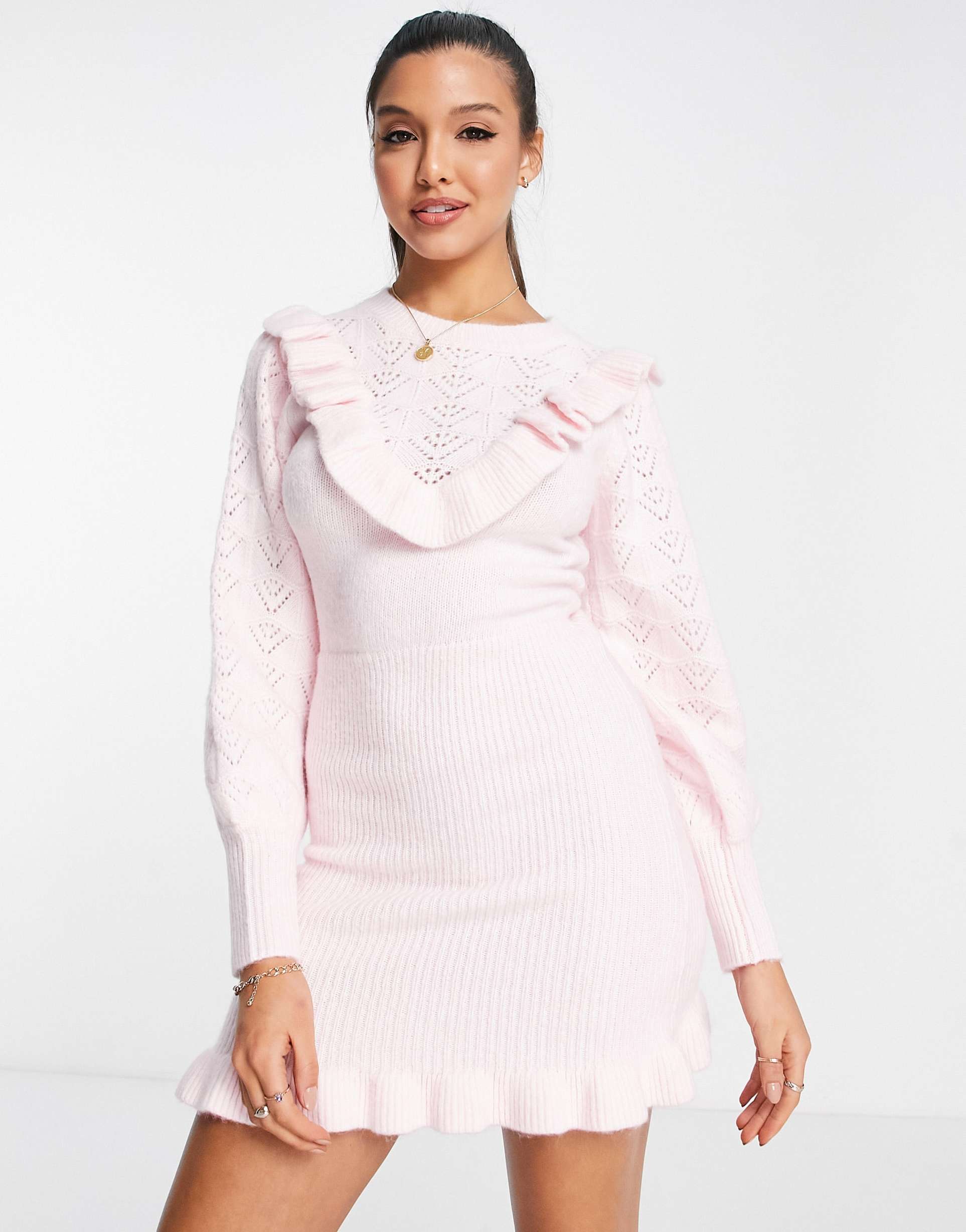 Miss Selfridge heritage pointelle ruffle dress in pink view 2