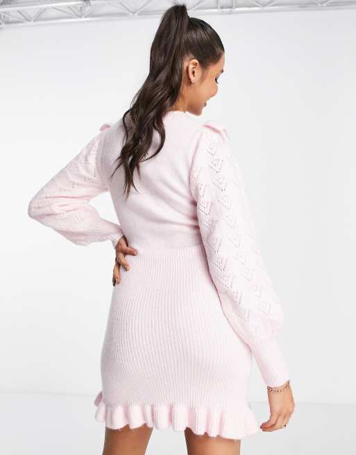 Miss Selfridge – Heritage – Rosa pointellestickad klänning med volangdetaljer , 3 av 4
