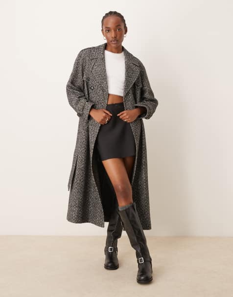 Miss Selfridge herringbone belted trench coat in mono - view 1